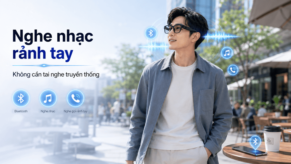 Người dùng đeo kính nghe nhạc Bluetooth để nghe nhạc rảnh tay khi đi bộ và làm việc