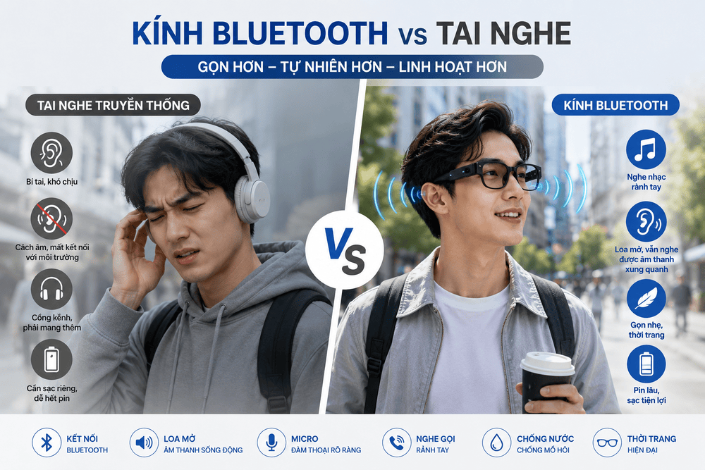 So sánh kính nghe nhạc Bluetooth và tai nghe truyền thống trong trải nghiệm nghe nhạc rảnh tay