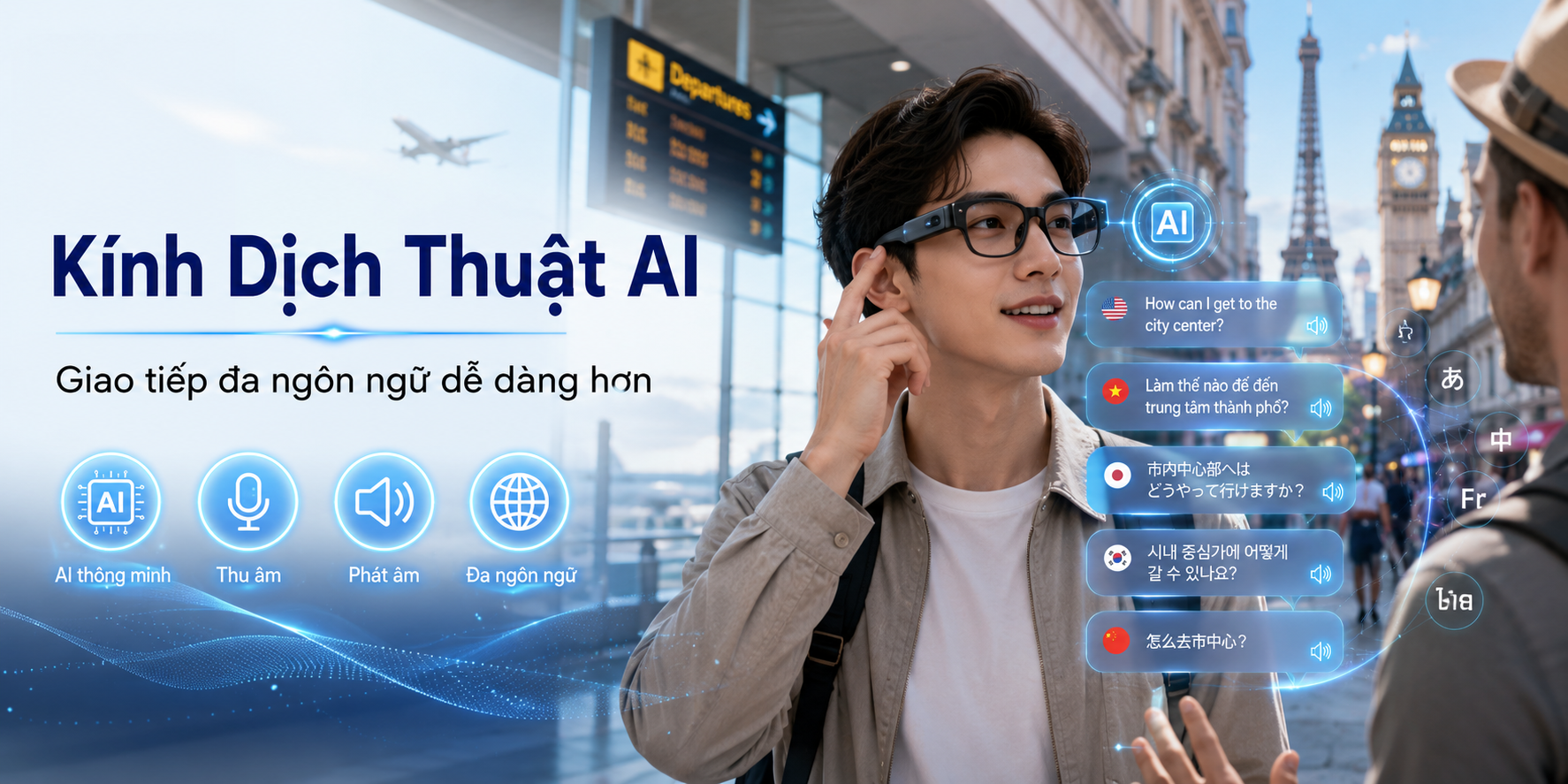 Kính dịch thuật AI hỗ trợ giao tiếp đa ngôn ngữ khi đi du lịch và làm việc quốc tế