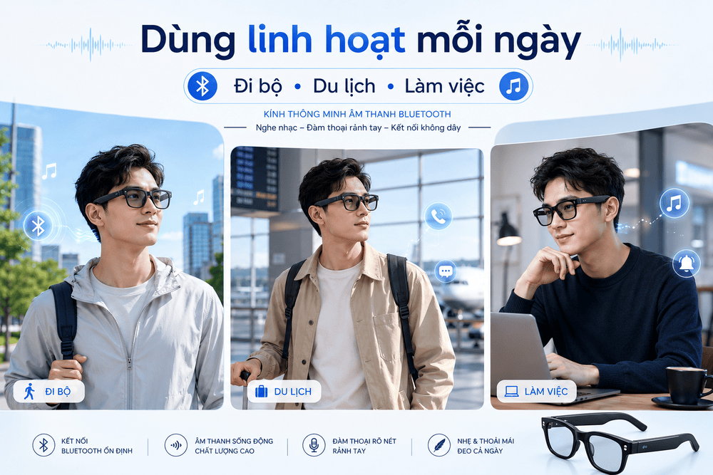 Kính nghe nhạc Bluetooth phù hợp khi đi bộ, du lịch và làm việc hằng ngày