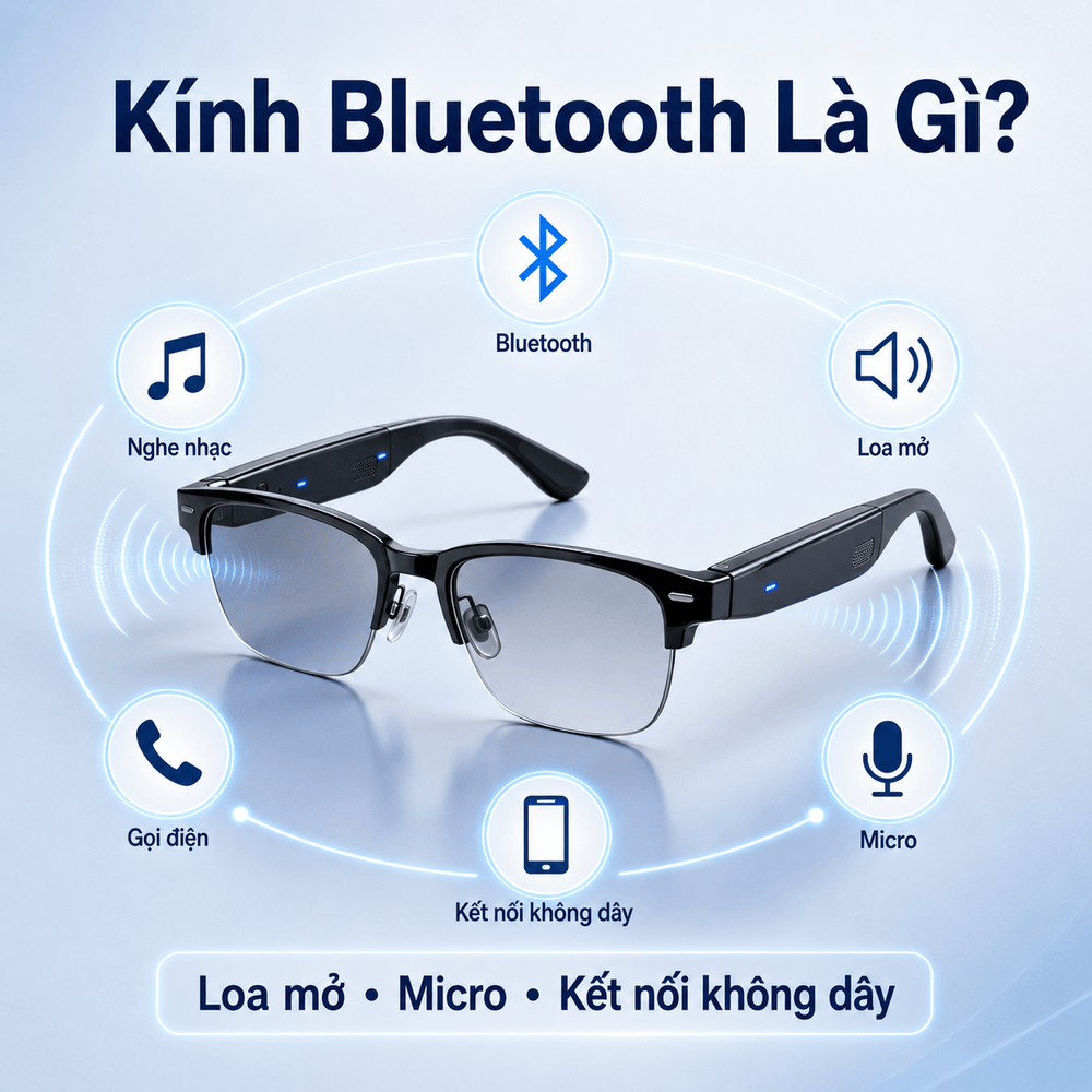Kính nghe nhạc Bluetooth là kính thông minh có loa mở, micro và kết nối không dây với điện thoại