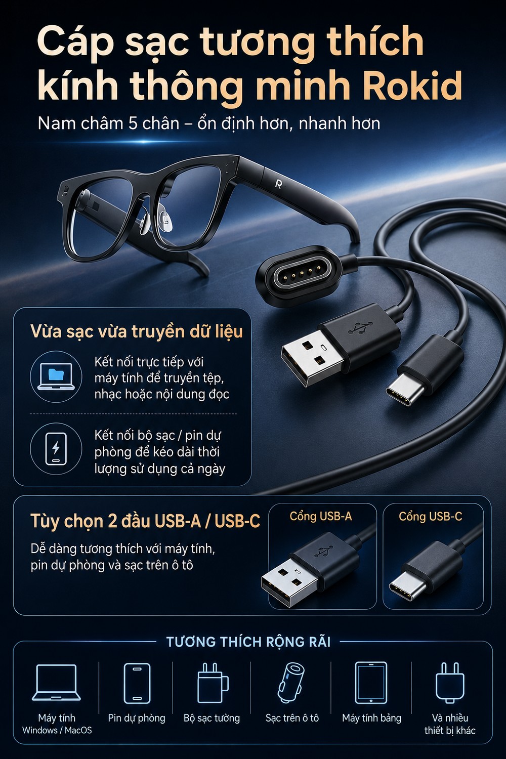 Rokid Cáp Sạc, Cáp Truyền Dẫn Usb, Type C - Chính Hãng Rokid Cáp Sạc, Đầu Chuyển Đổi Usb, Type C