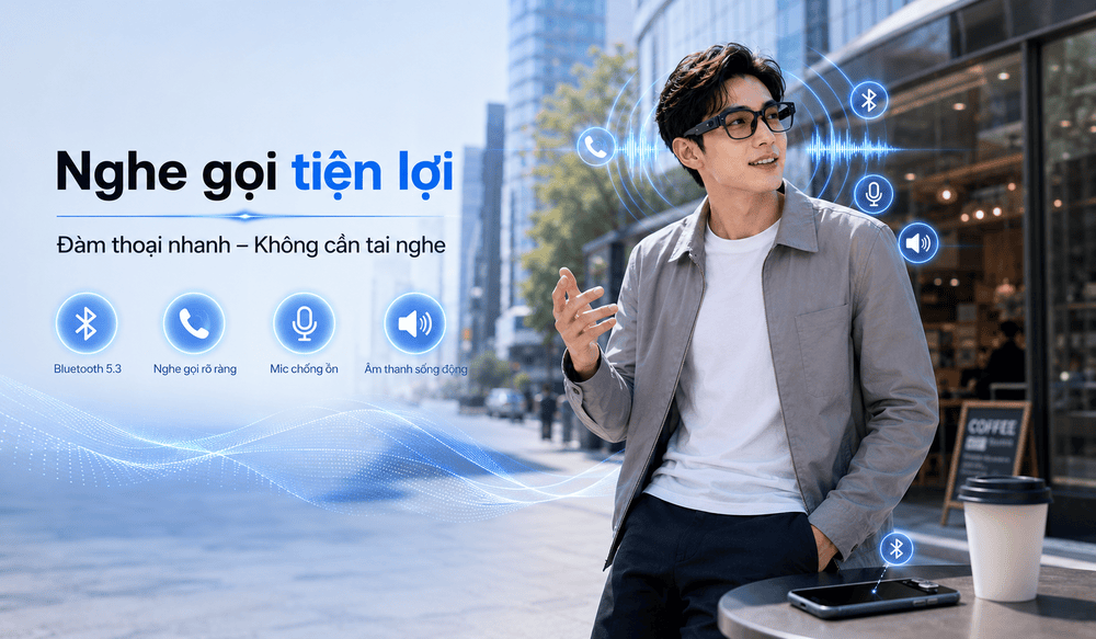 Kính nghe nhạc Bluetooth hỗ trợ nghe gọi rảnh tay với micro và loa mở tích hợp