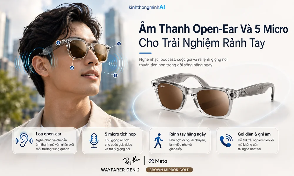 Phiên Bản Giới Hạn: Sức Hút Khó Cưỡng Từ Ray-Ban Meta Wayfarer Gen 2 Brown Mirror Gold Ảnh Blog Mô Tả Tính Năng Âm Thanh Open-Ear Và 5 Micro Trên Ray-Ban Meta Wayfarer Gen 2 Brown Mirror Gold. Thiết Kế Này Giúp Người Dùng Nghe Nhạc, Podcast, Cuộc Gọi Và Chỉ Dẫn Âm Thanh Mà Vẫn Nhận Biết Môi Trường Xung Quanh, Đồng Thời Hỗ Trợ Thu Giọng Rõ Hơn Cho Gọi Điện, Ghi Âm Video Và Sử Dụng Trợ Lý Giọng Nói.