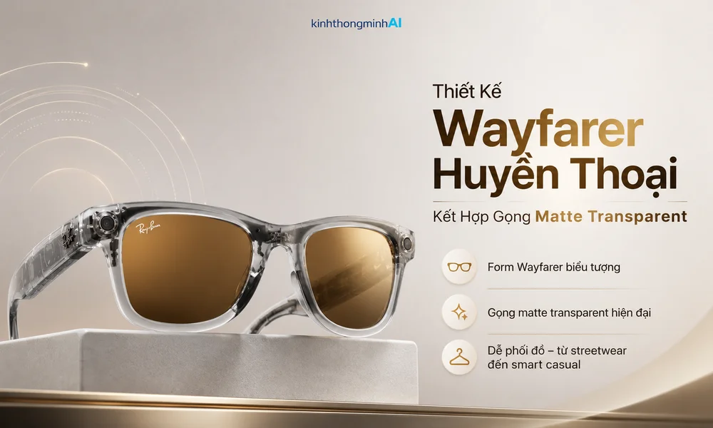 Phiên Bản Giới Hạn: Sức Hút Khó Cưỡng Từ Ray-Ban Meta Wayfarer Gen 2 Brown Mirror Gold Hình Ảnh Ray-Ban Meta Wayfarer Gen 2 Brown Mirror Gold Nổi Bật Với Form Wayfarer Biểu Tượng, Gọng Matte Transparent Hiện Đại Và Tròng Brown Mirror Gold Thời Trang, Phù Hợp Nhiều Phong Cách Từ Streetwear Đến Smart Casual.
