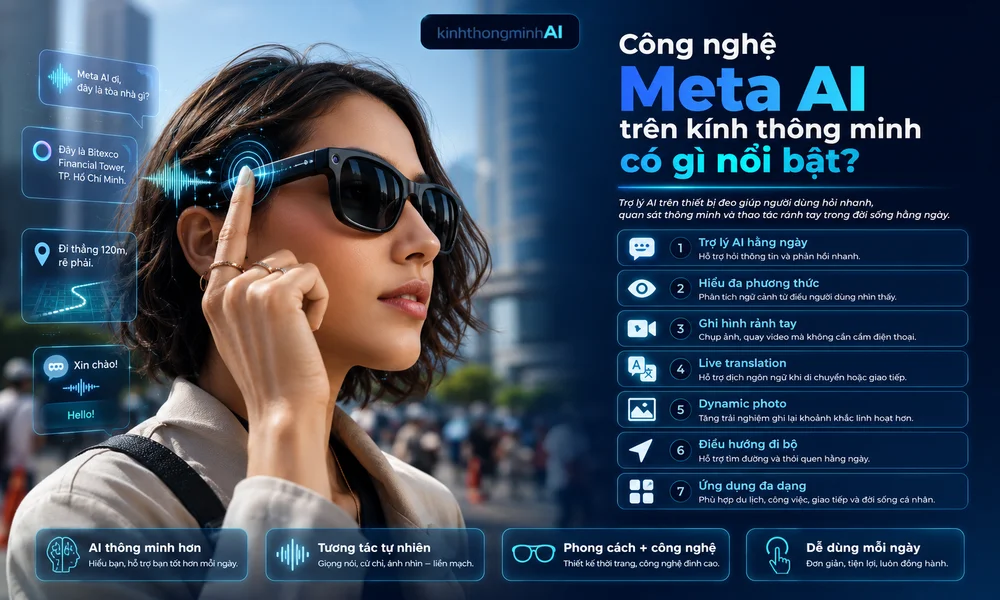 Top 3 Siêu Phẩm Kính Thông Minh Sở Hữu Công Nghệ Meta Ai Vừa Ra Mắt Ảnh Blog Mô Tả Công Nghệ Meta Ai Trên Kính Thông Minh Với Giao Diện Hiện Đại, Thể Hiện Các Tính Năng Nổi Bật Như Trợ Lý Ai, Tương Tác Tự Nhiên, Ghi Hình Rảnh Tay, Dịch Ngôn Ngữ Trực Tiếp, Dynamic Photo, Điều Hướng Đi Bộ Và Ứng Dụng Đa Dạng Cho Công Việc, Du Lịch Và Đời Sống Cá Nhân.