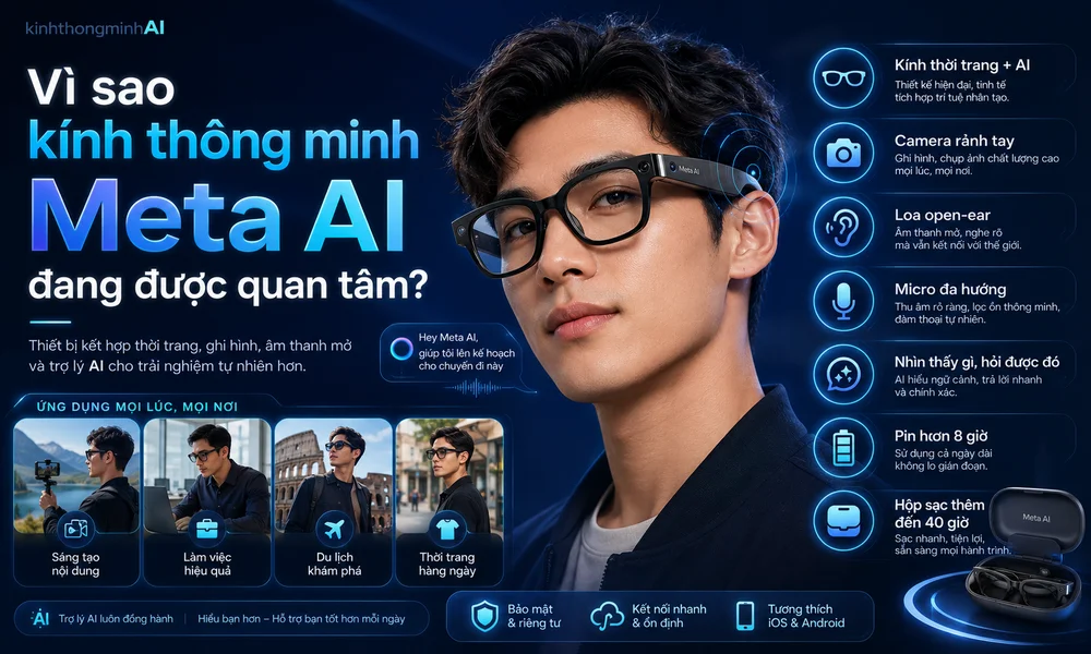 Top 3 Siêu Phẩm Kính Thông Minh Sở Hữu Công Nghệ Meta Ai Vừa Ra Mắt Vì Sao Kính Thông Minh Meta Ai Đang Được Quan Tâm Với Thiết Kế Thời Trang, Camera Rảnh Tay, Loa Open-Ear Và Trợ Lý Ai Thông Minh.